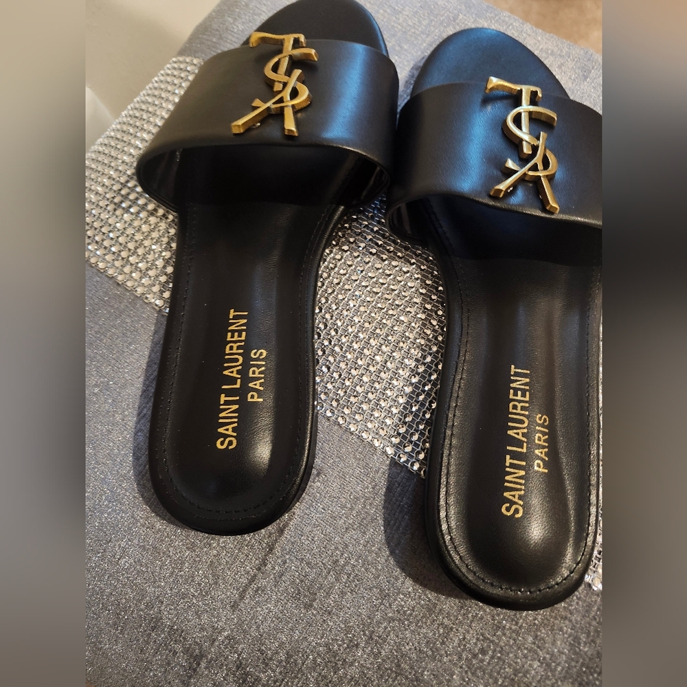Saint Laurent Black Leather Slides with Gold YSL Logo